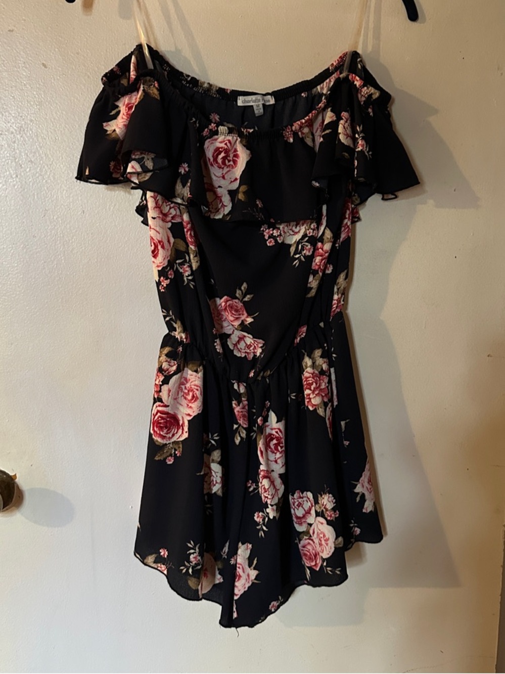 Charlotte Ruse Black Floral Off-Shoulder Romper with Pink Rose Print